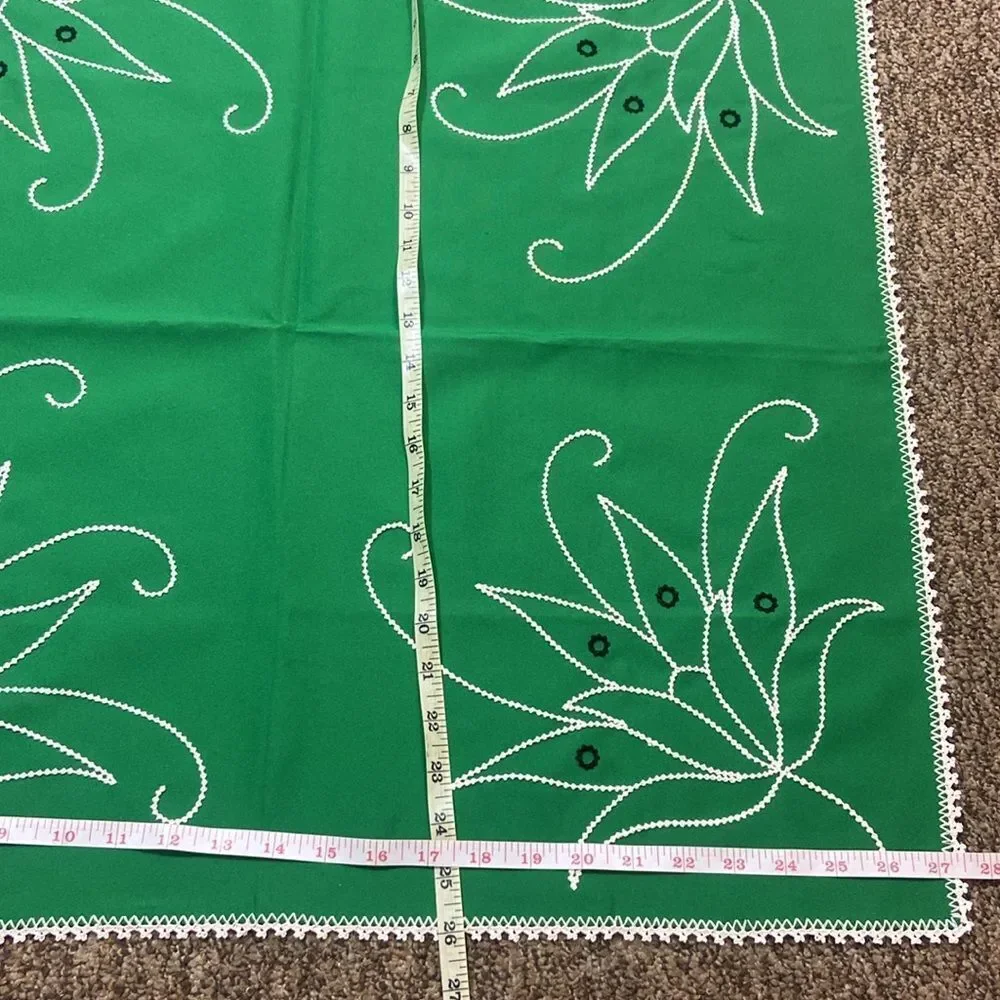 Vintage Handmade Green Decorative Tablecloth with White Embroidery